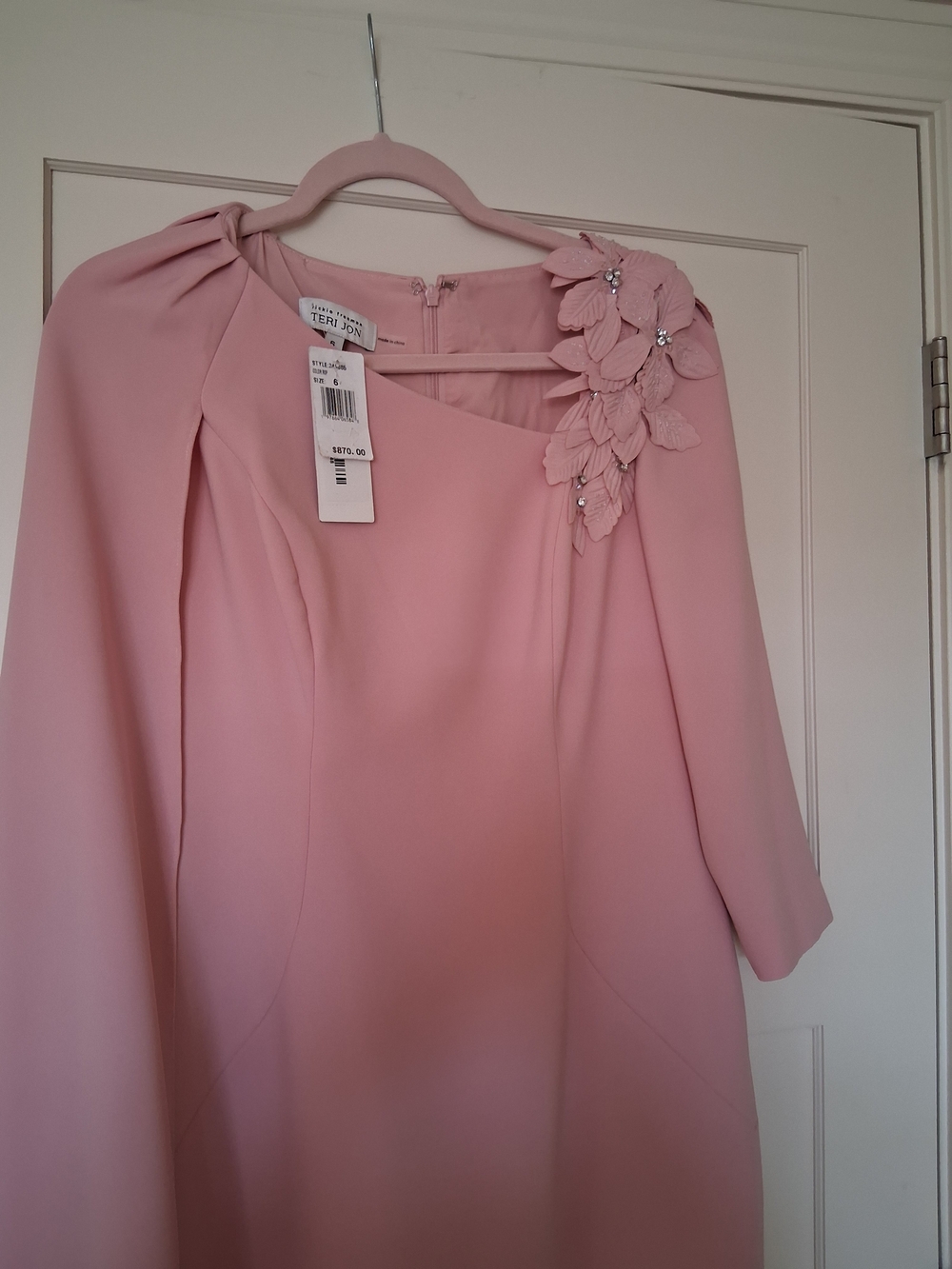 TERI JON Blush Pink One-Shoulder Floral Appliqué Dress